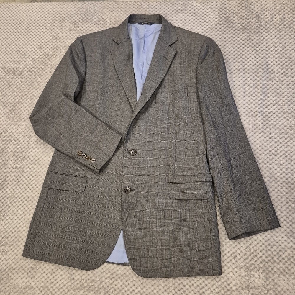 Brooks Brothers Wool Blazer 43L Checked Plaid Sport Coat Gray 2 Button Jacket